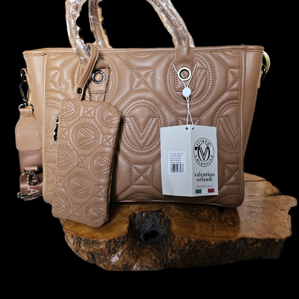 Valentino Orlandi Taupe Quilted Women's Handbag, NEW, Includes coin Purse